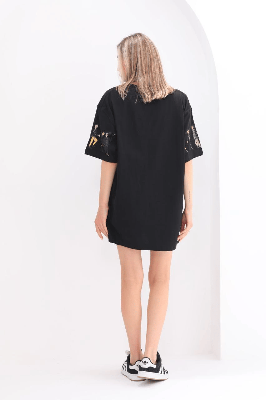 Kadın Kısa Kol Yazlık Tişört Bisiklet Yaka Baskılı Oversize T-Shirt - Siyah