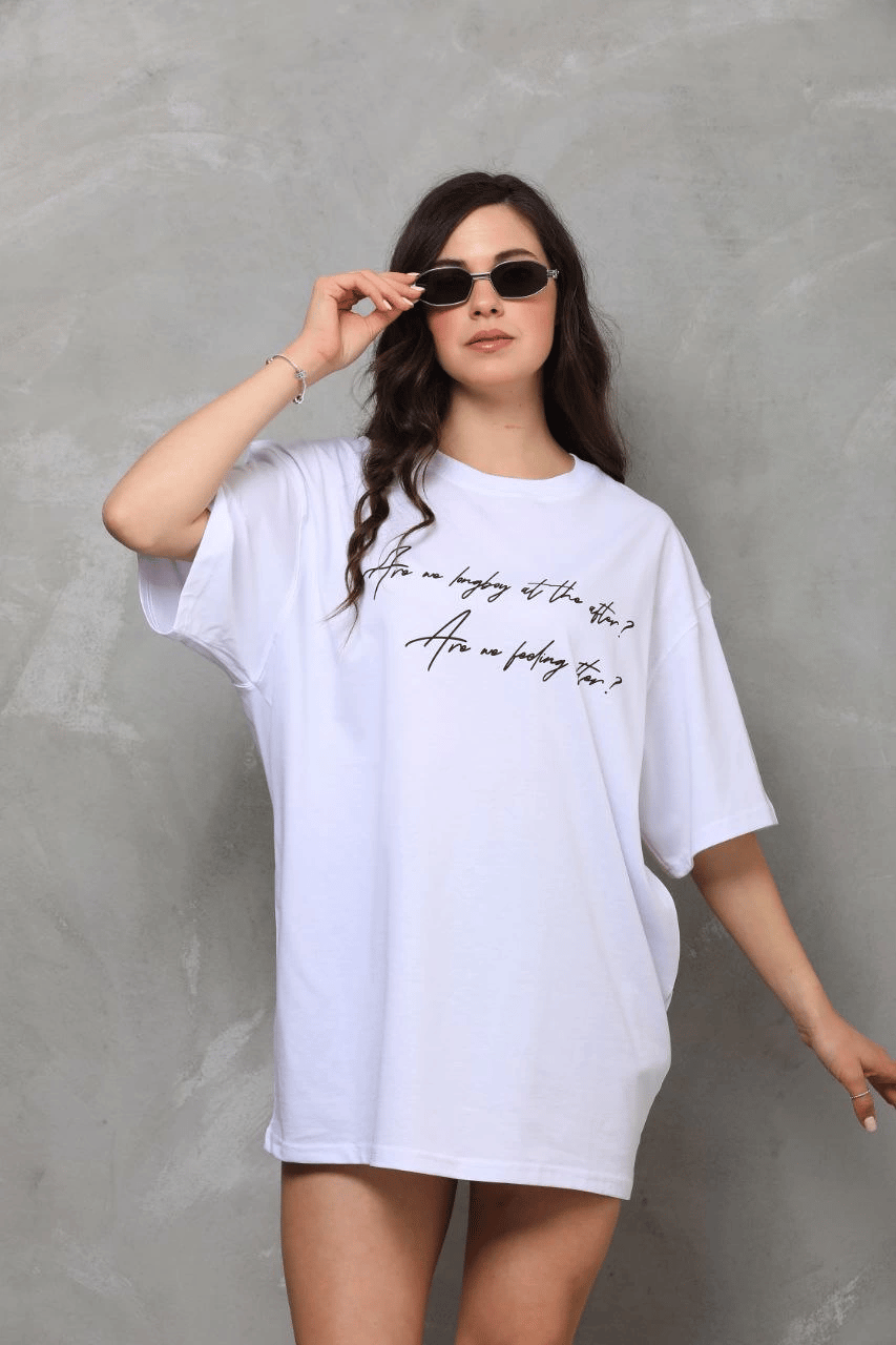 Kadın Kısa Kol Yazlık Tişört Bisiklet Yaka Baskılı Oversize T-Shirt - Beyaz