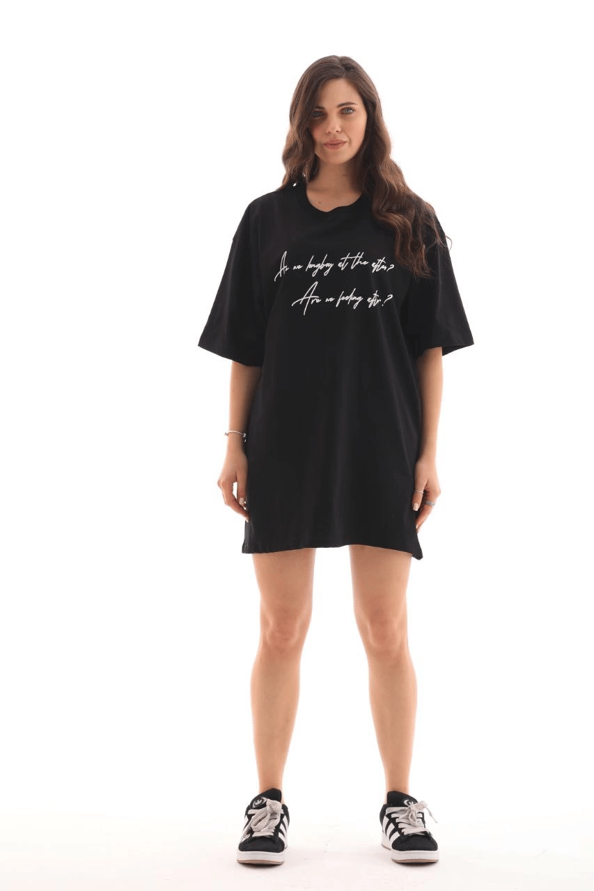 Kadın Kısa Kol Yazlık Tişört Bisiklet Yaka Baskılı Oversize T-Shirt - Siyah
