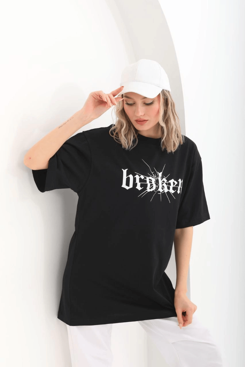 Kadın Kısa Kol Yazlık Tişört Bisiklet Yaka Baskılı Oversize T-Shirt - Siyah