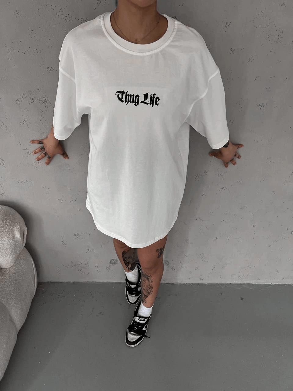 Kadın Kısa Kol Yazlık Tişört Bisiklet Yaka Baskılı Oversize T-Shirt - Beyaz