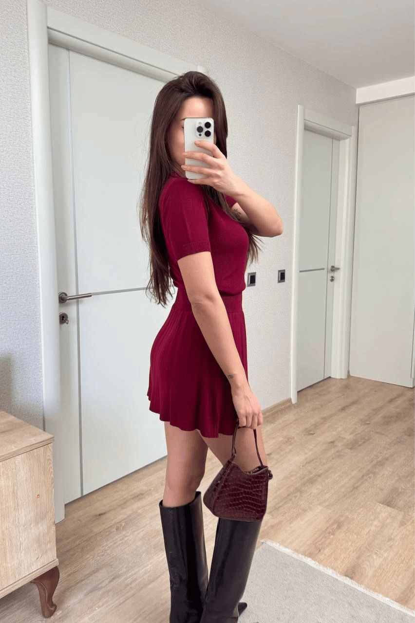 Kadın Kısa Kollu Bluz Mini Etekli ikili Takım Triko - Bordo
