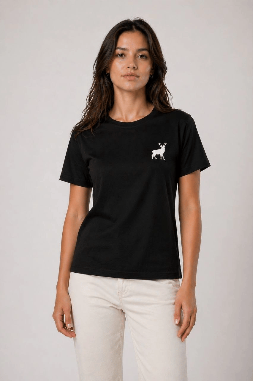 Kadın Minimal Geyik Logolu Tişört Bisiklet Yaka Kısa kol Yazlık T-Shirt - Siyah
