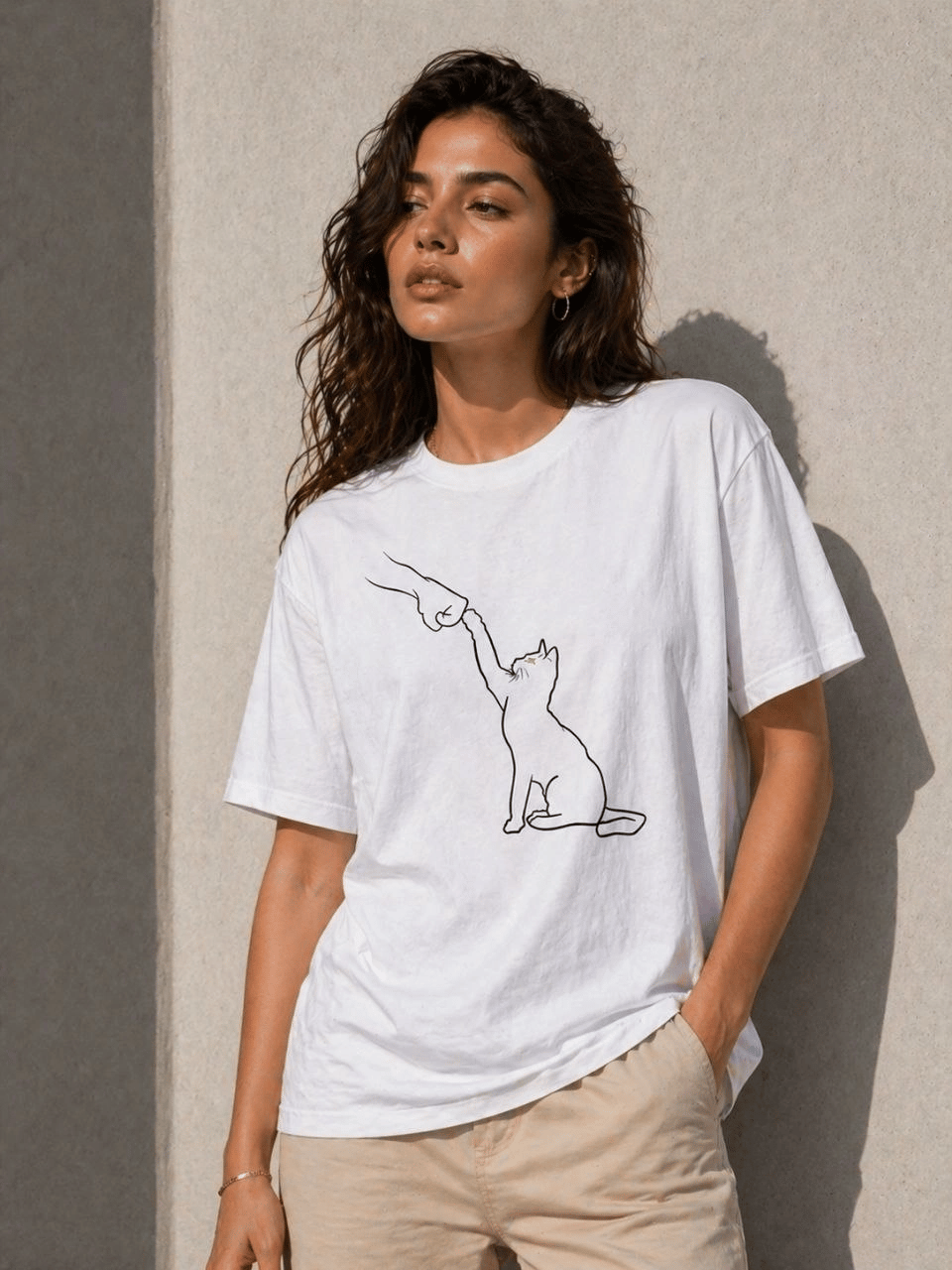 Kadın Minimal Kedi Çizim Baskılı Tişört Kısa Kol Yazlık T-Shirt - Beyaz