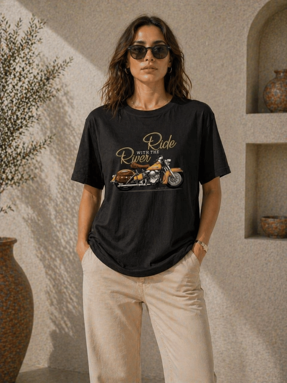 Kadın Motosiklet Baskılı Tişört Bisiklet Yaka Kısa Kol Yazlık T-Shirt - Siyah