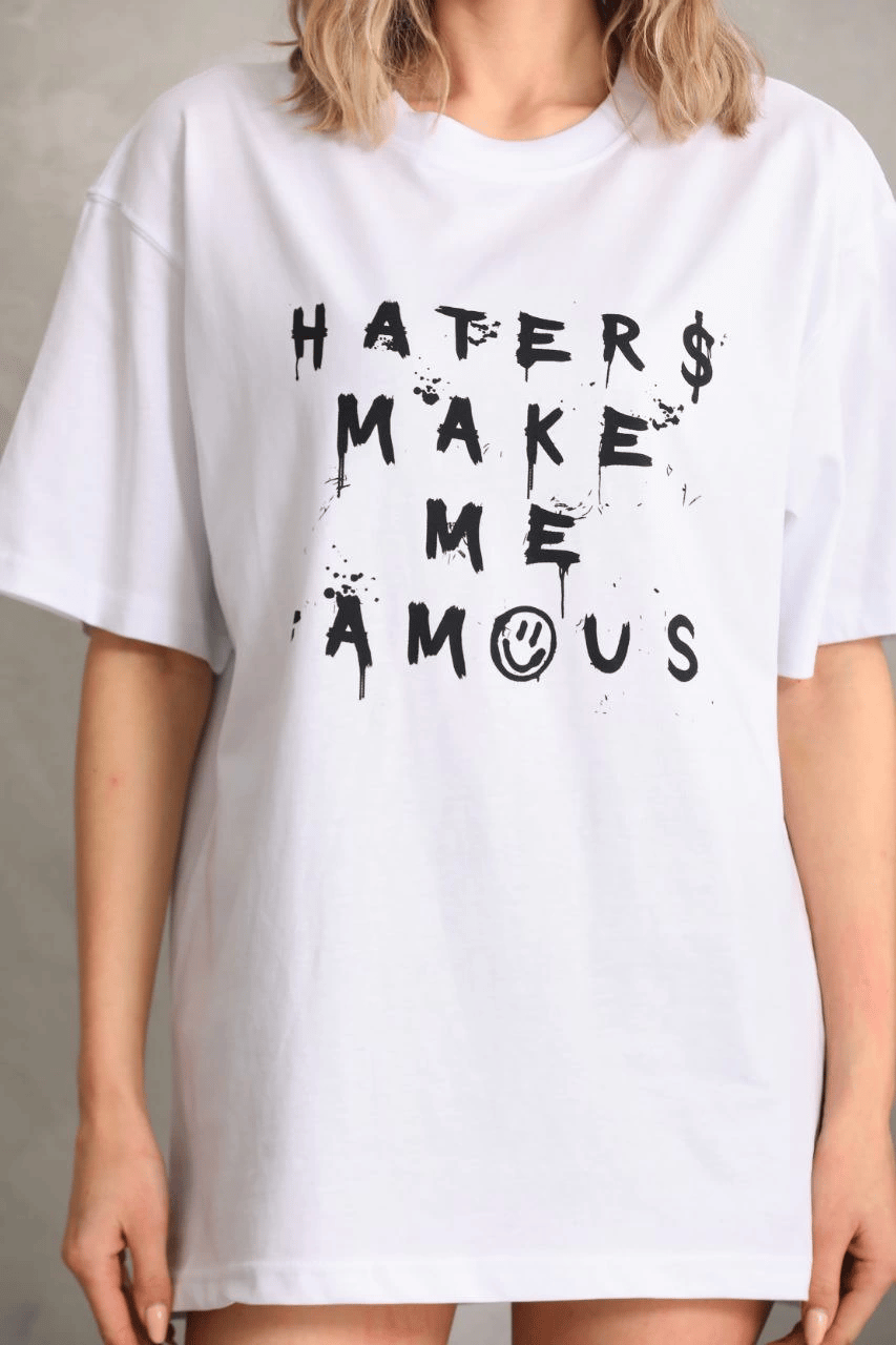 Kadın ön ve arka Baskılı Oversize Kısa kol  T-Shirt - Beyaz