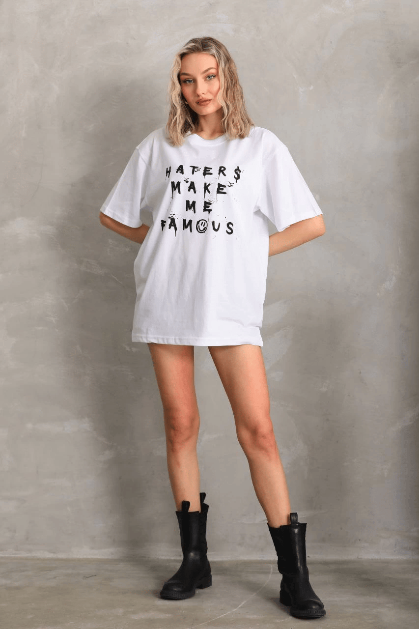 Kadın ön ve arka Baskılı Oversize Kısa kol  T-Shirt - Beyaz