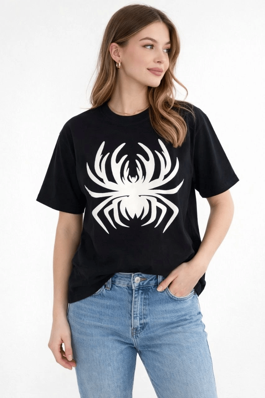 Kadın Örümcek Baskılı Tişört Kısa Kollu Bisiklet Yaka T-Shirt - Siyah