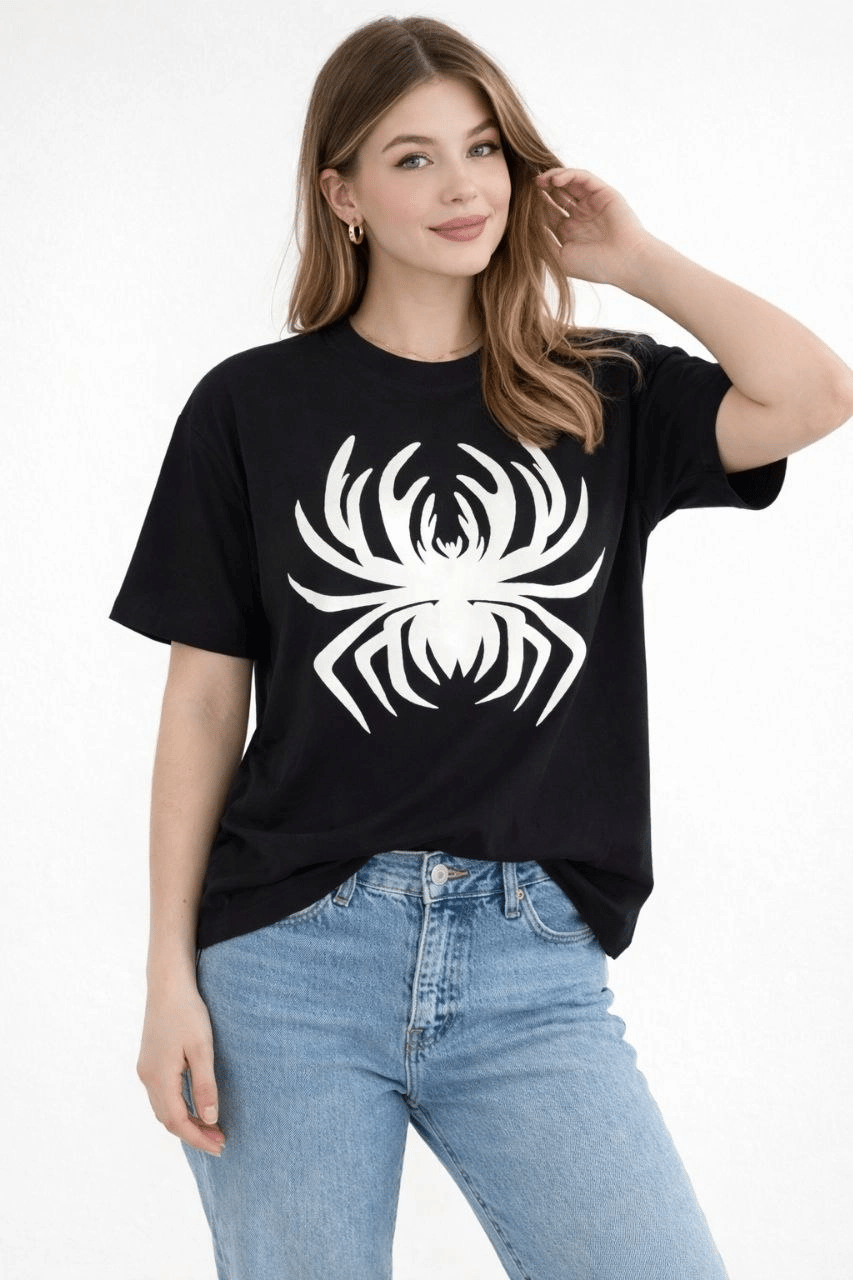 Kadın Örümcek Baskılı Tişört Kısa Kollu Bisiklet Yaka T-Shirt - Siyah