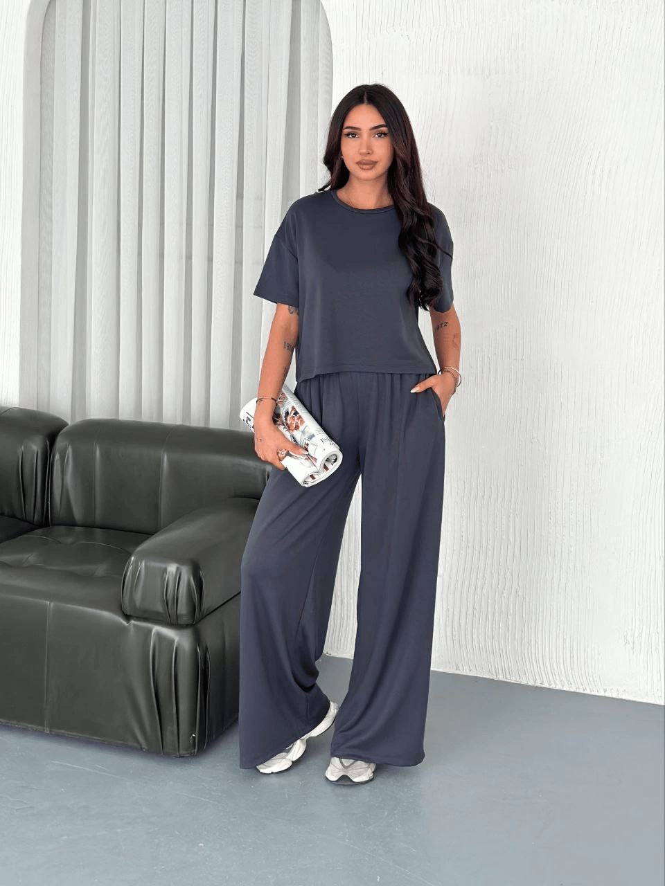 Kadın Osy Modal Yumuşak Dokulu Kumaş Bisiklet Yaka T-shirt Bol paça Pantalon ikili Takım -Antrasit