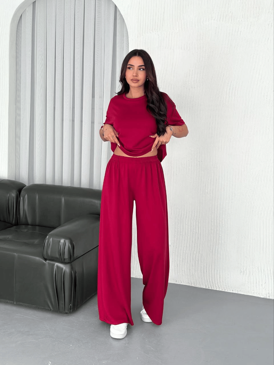 Kadın Osy Modal Yumuşak Dokulu Kumaş Bisiklet Yaka T-shirt Bol paça Pantolon ikili Takım -Bordo