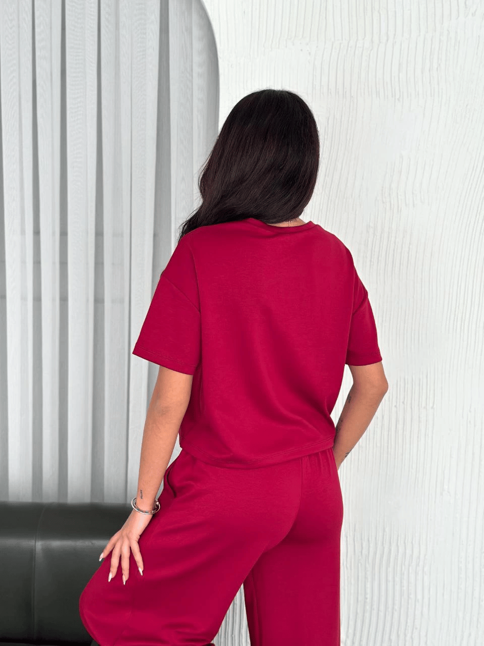 Kadın Osy Modal Yumuşak Dokulu Kumaş Bisiklet Yaka T-shirt Bol paça Pantolon ikili Takım -Bordo