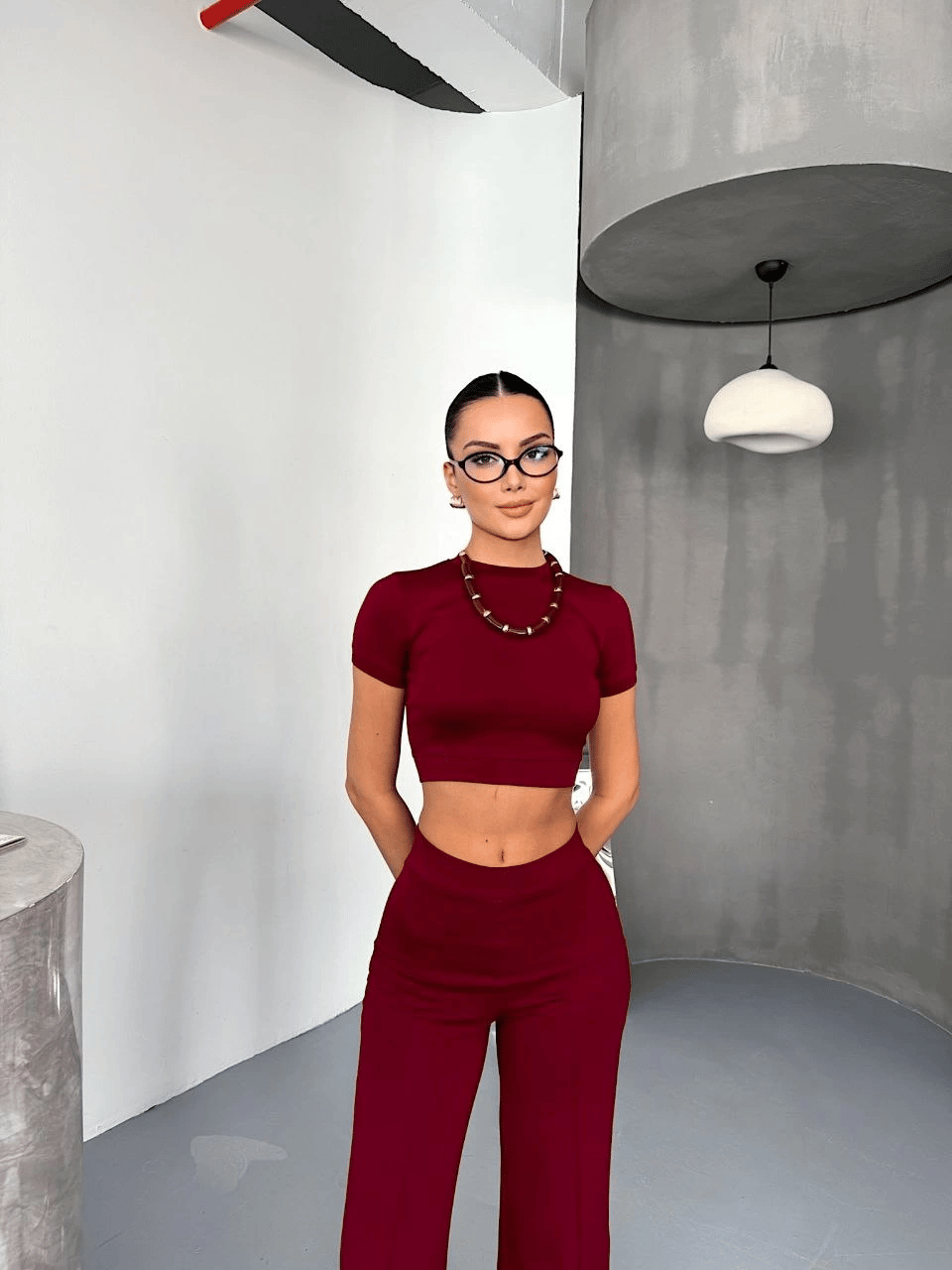 Kadın Osy Modal Yumuşak Dokulu Kumaş Kısa Kollu Crop Alt ispanyol Paça Pantolon ikili Takım - Bordo