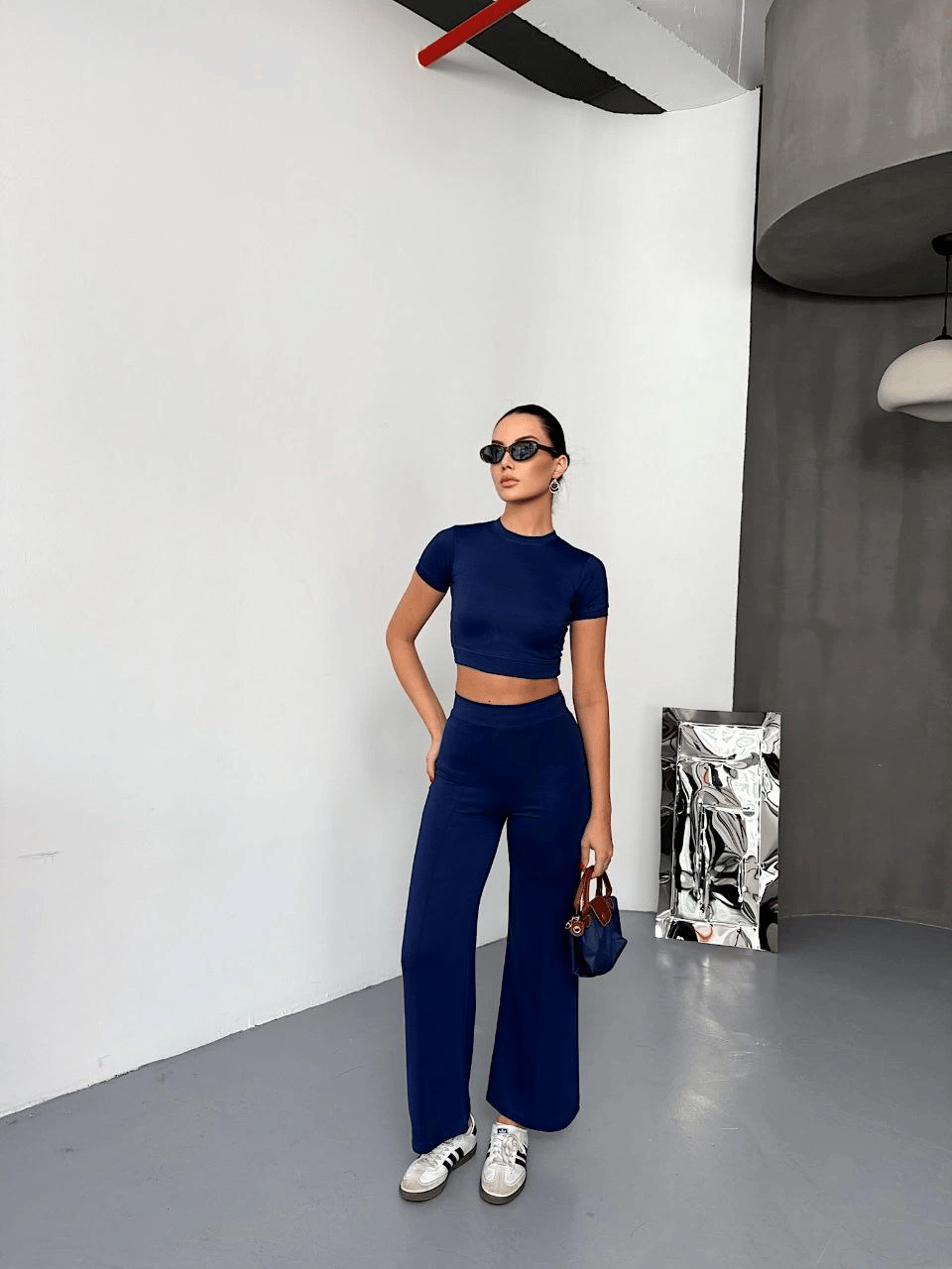 Kadın Osy Modal Yumuşak Kumaş Kısa Kollu Crop Alt ispanyol Paça Pantolon ikili Takım - Lacivert