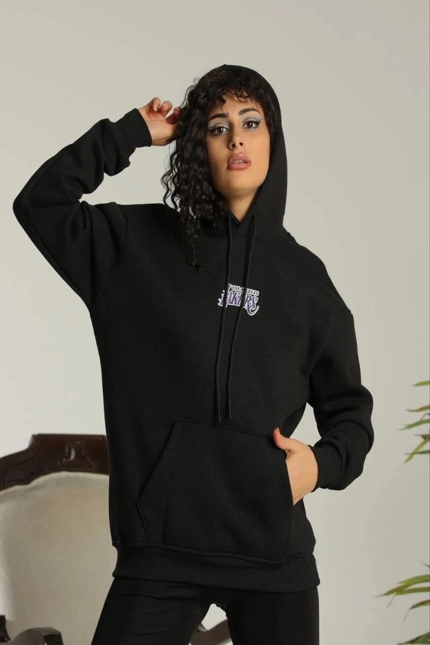 Kadın Oversize Kapüşonlu Cepli Baskılı 3 İplik Pamuklu Hoodie Sweatshirt - Siyah