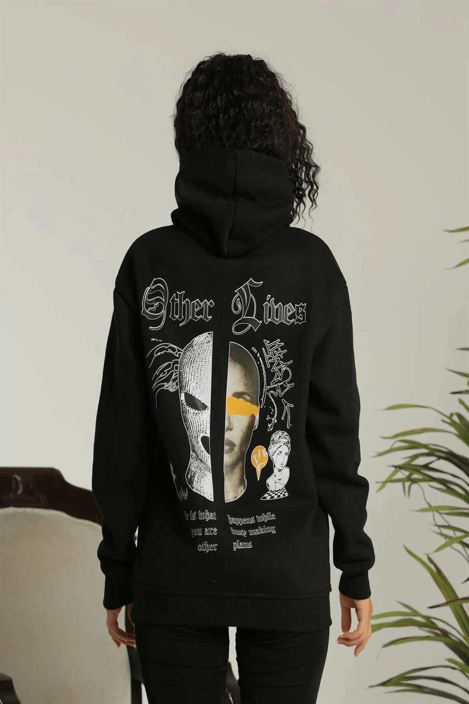 Kadın Oversize Kapüşonlu Cepli Baskılı 3 İplik Pamuklu Hoodie Sweatshirt -  Siyah