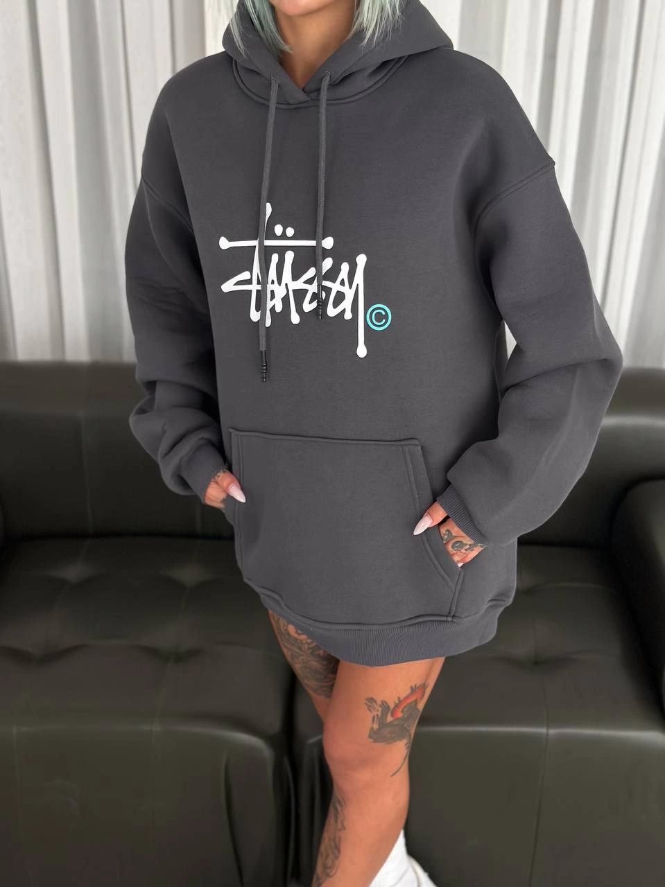 Kadın Oversize Kapüşonlu Cepli Baskılı 3 İplik Pamuklu Hoodie Sweatshirt - Füme