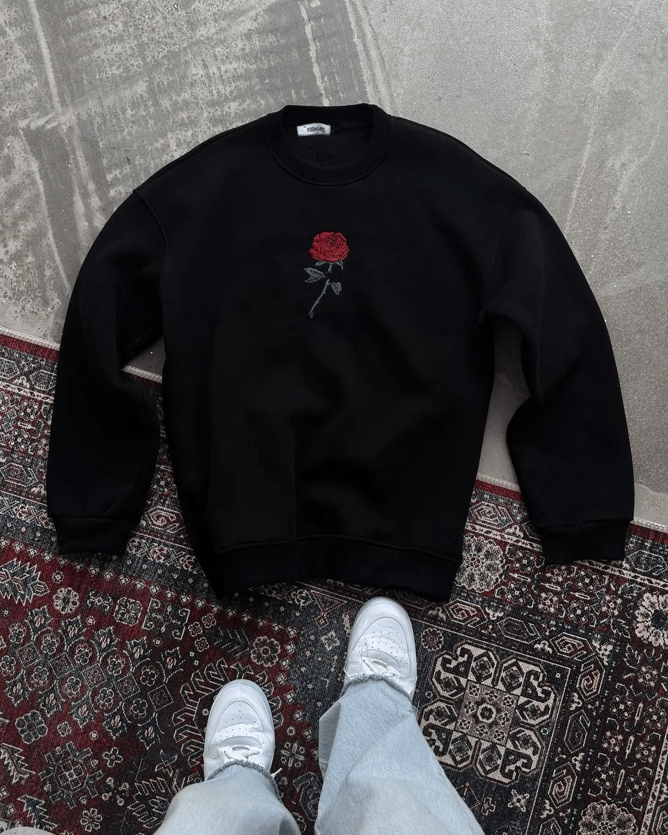 Kadın Oversize Kapüşonlu Cepli GÜL Baskılı 3 İplik Pamuklu Hoodie Sweatshirt - Siyah