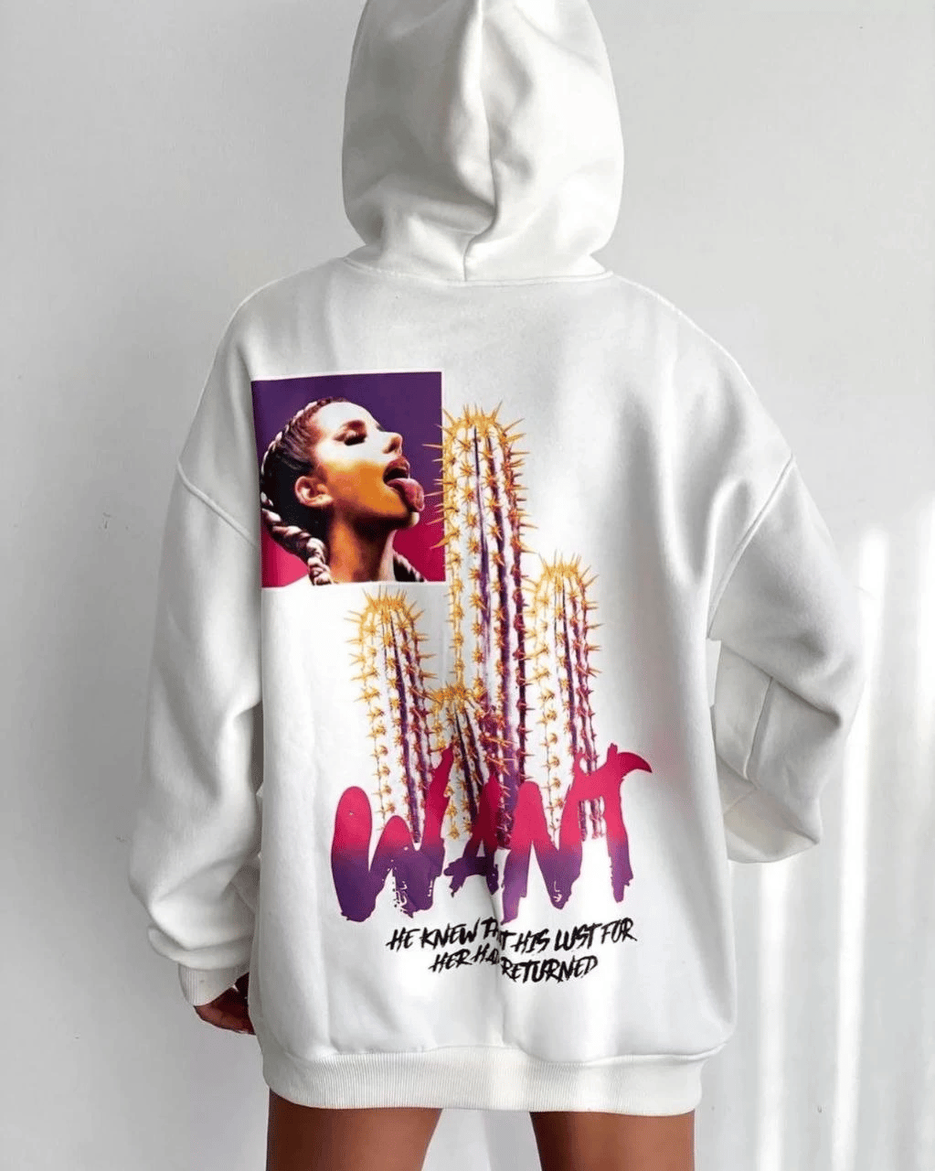 Kadın Oversize Kapüşonlu Cepli WANT Baskılı 3 İplik Pamuklu Hoodie Sweatshirt - Beyaz