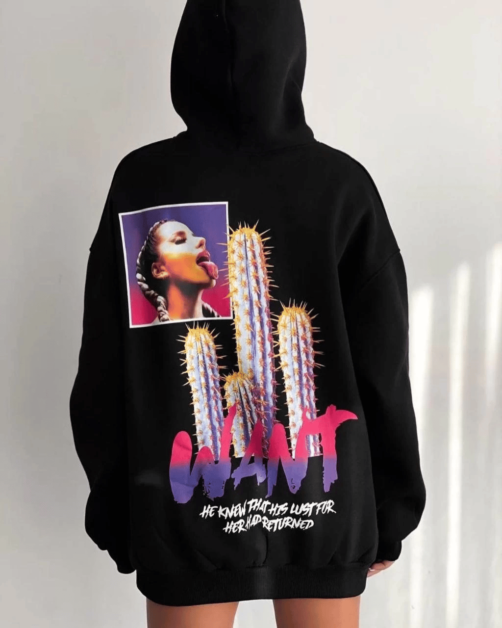 Kadın Oversize Kapüşonlu Cepli WANT Baskılı 3 İplik Pamuklu Hoodie Sweatshirt - Siyah