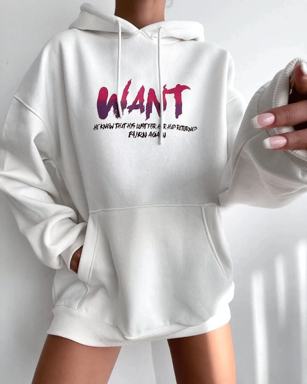 Kadın Oversize Kapüşonlu Cepli WANT Baskılı 3 İplik Pamuklu Hoodie Sweatshirt - Beyaz