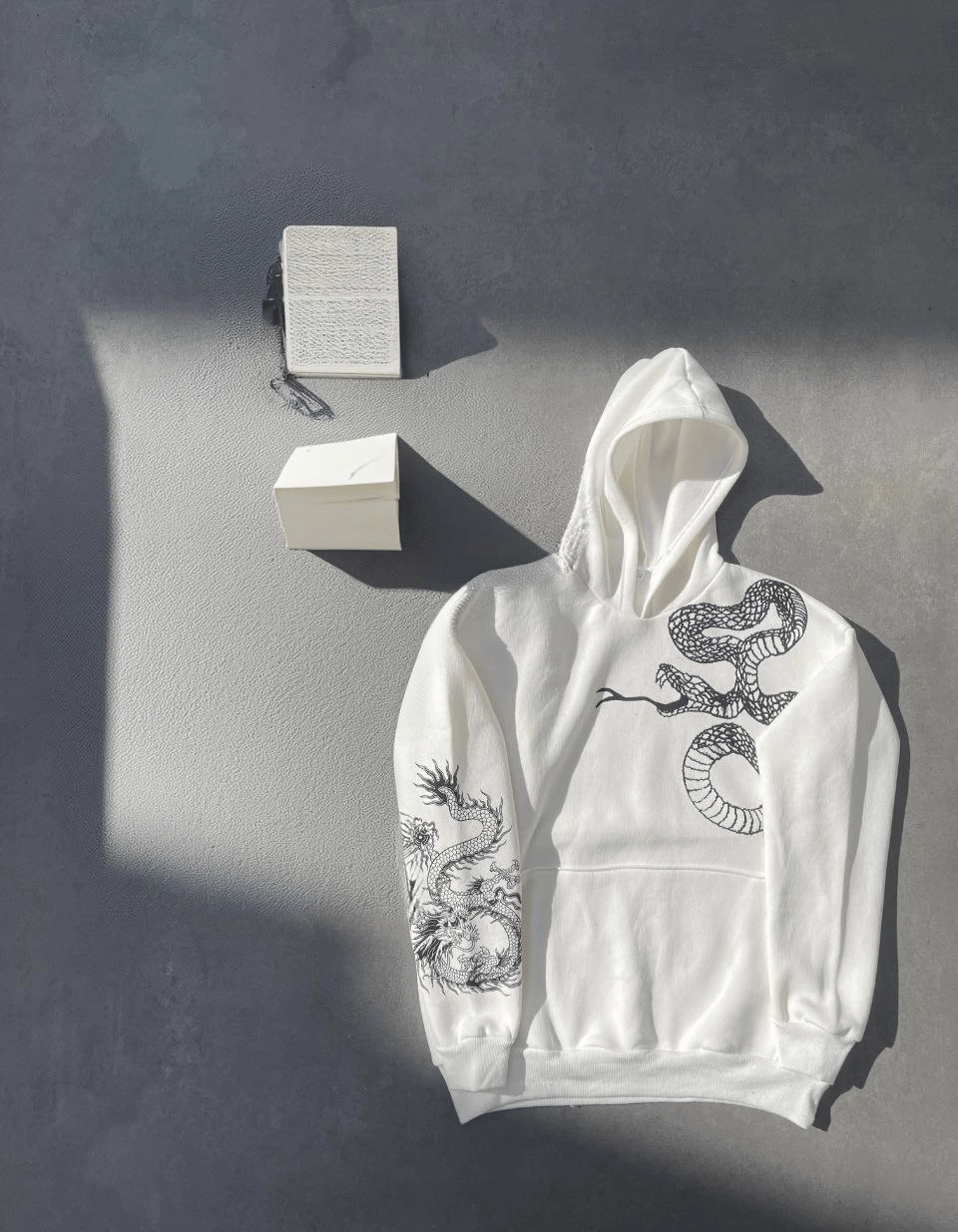 Kadın Oversize Kapüşonlu Kanguru Cepli Baskılı 3 İplik Pamuklu Sweatshirt Hoodie -   Beyaz