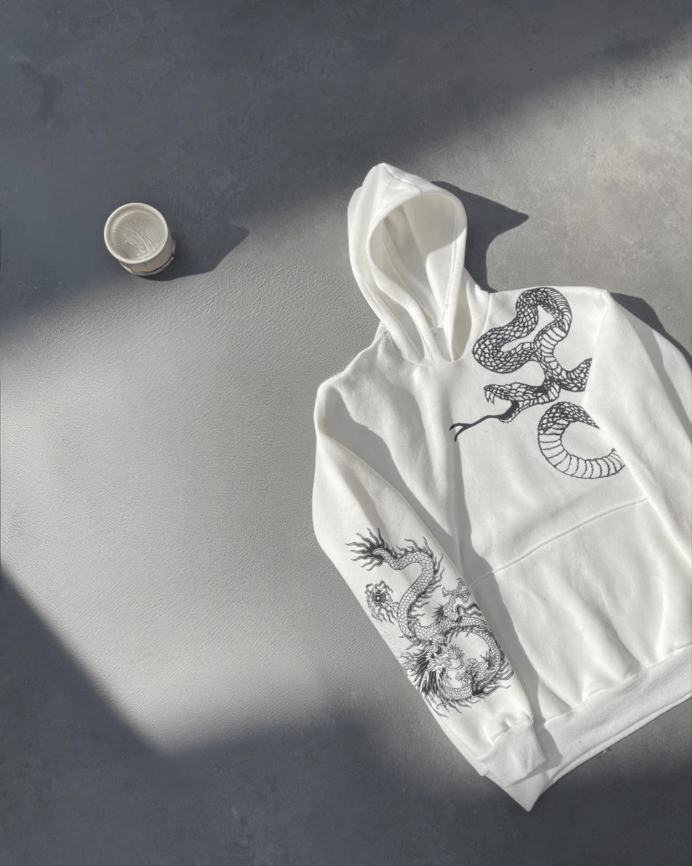 Kadın Oversize Kapüşonlu Kanguru Cepli Baskılı 3 İplik Pamuklu Sweatshirt Hoodie -   Beyaz