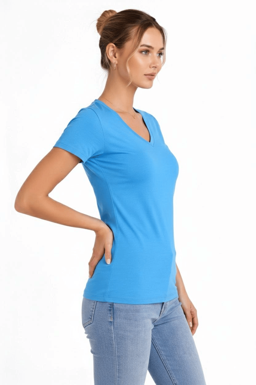 Kadın T-Shirt V Yaka Slim Fit Likralı Tişört Yazlık Basic Body - Açık Mavi