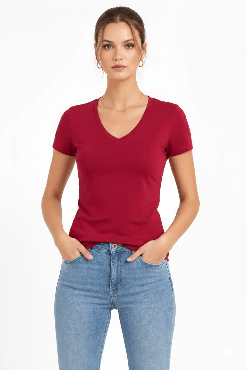 Kadın T-Shirt V Yaka Slim Fit Likralı Tişört Yazlık Basic Body - Kırmızı