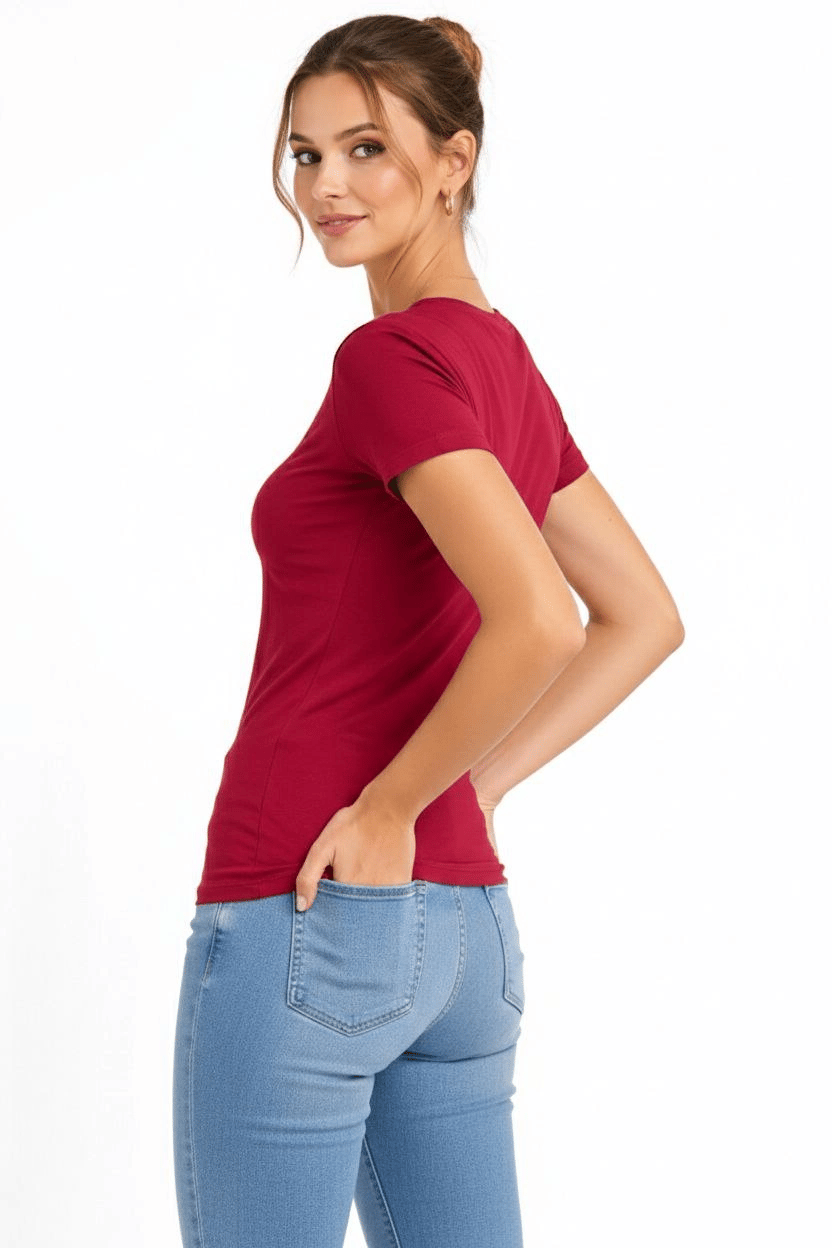 Kadın T-Shirt V Yaka Slim Fit Likralı Tişört Yazlık Basic Body - Kırmızı