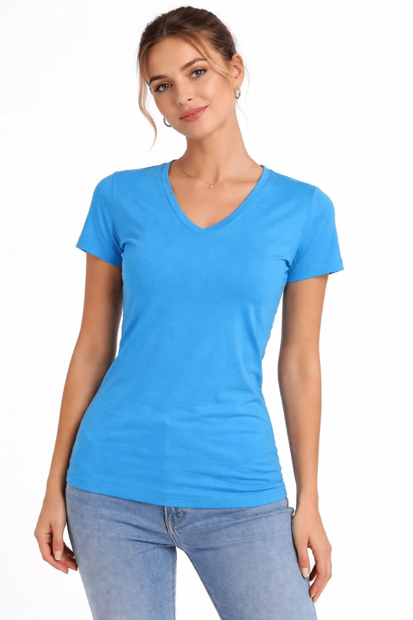 Kadın T-Shirt V Yaka Slim Fit Likralı Tişört Yazlık Basic Body - Açık Mavi