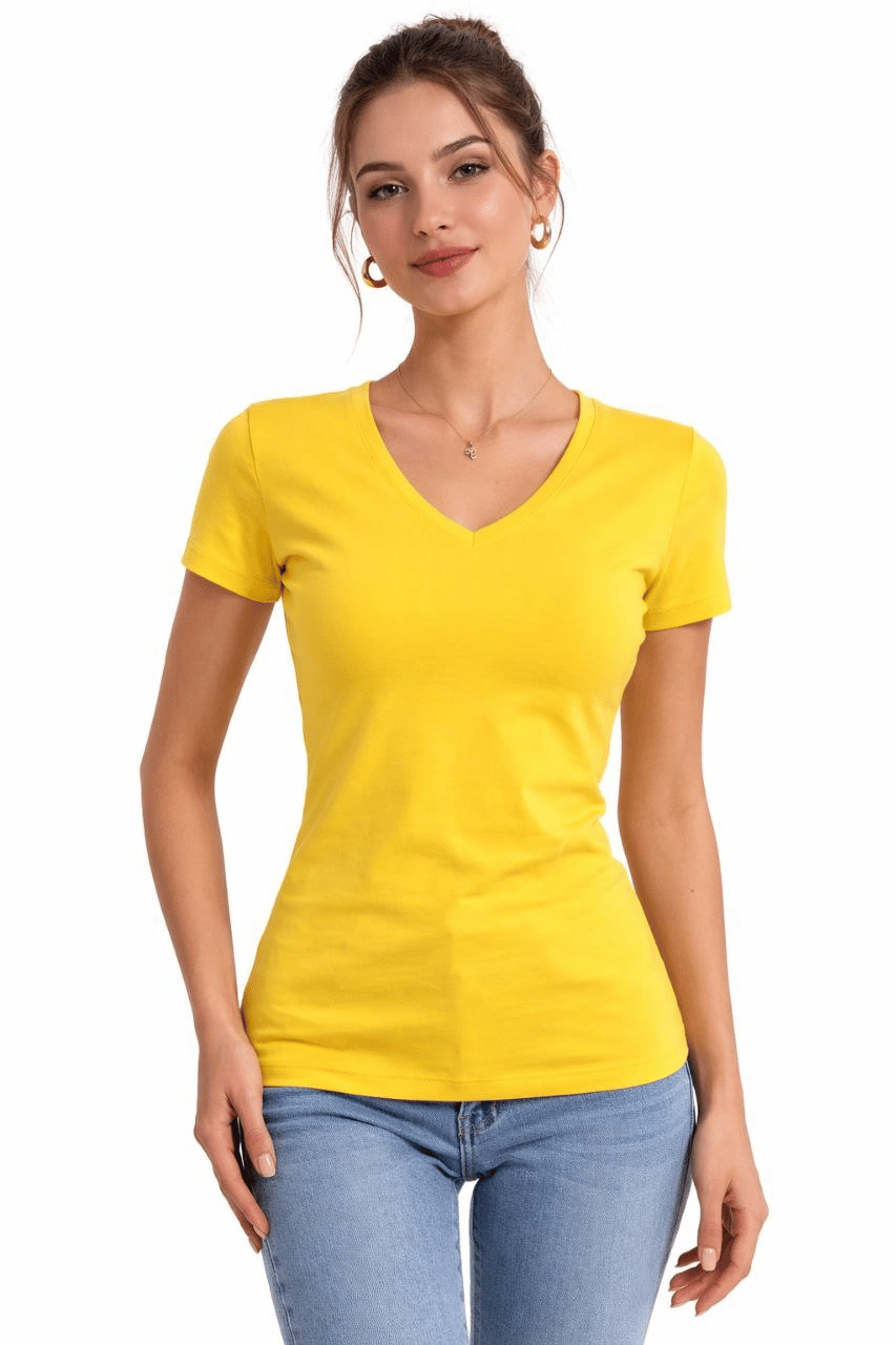 Kadın T-Shirt V Yaka Slim Fit Likralı Tişört Yazlık Basic Body - Sarı