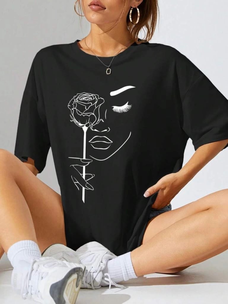 Kadın Tişört Baskılı Kısa kol Oversize T-shirt - Siyah