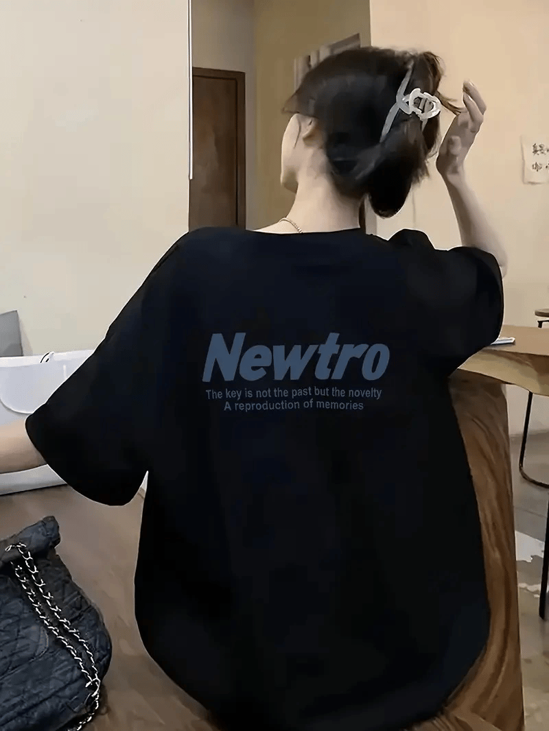 Kadın Tişört Newtro Baskılı Oversize Bisiklet Yaka T-shirt - Siyah