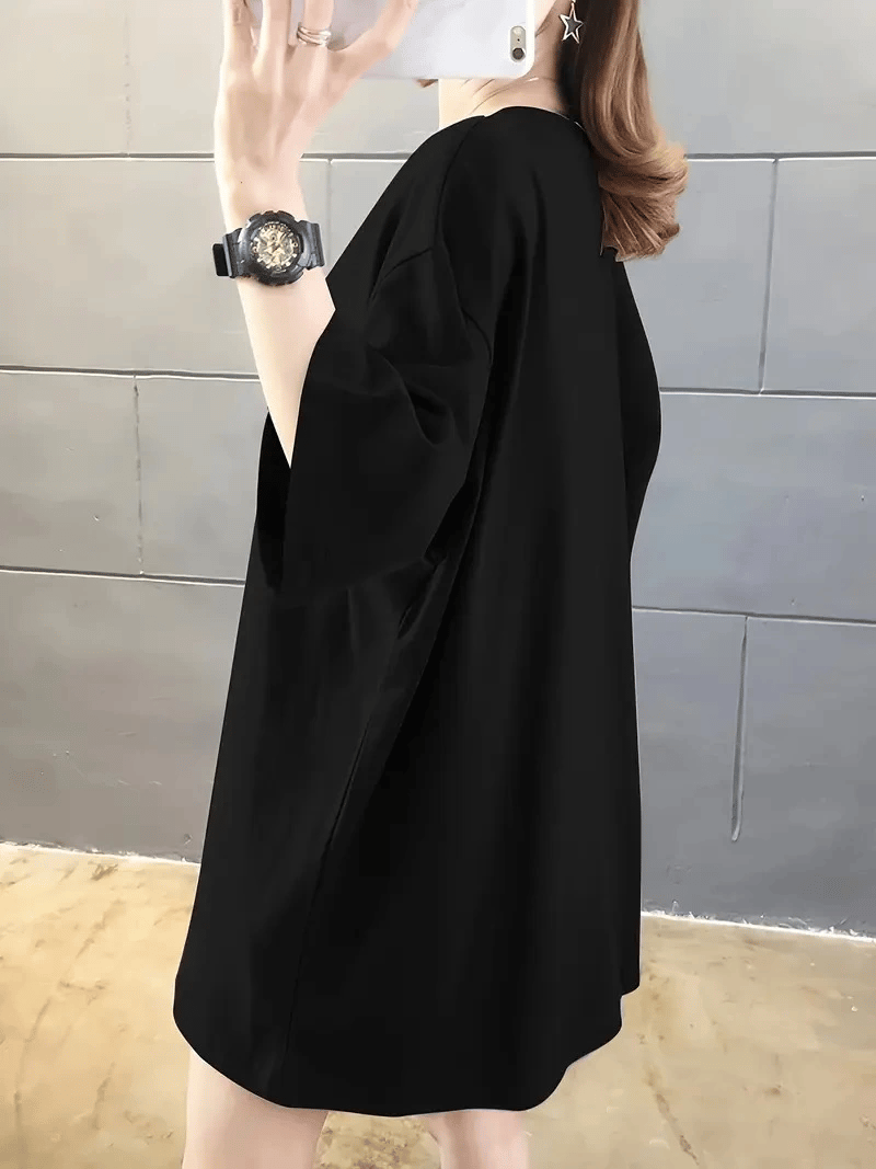 Kadın Tişört Penye Compack Baskılı Oversize Bisiklet Yaka T-shirt - Siyah