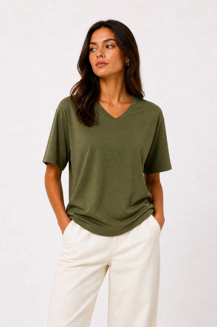 Kadın V Yaka Basic Tişört Kısa Kol Yazlık Regular Fit T-Shirt - Haki