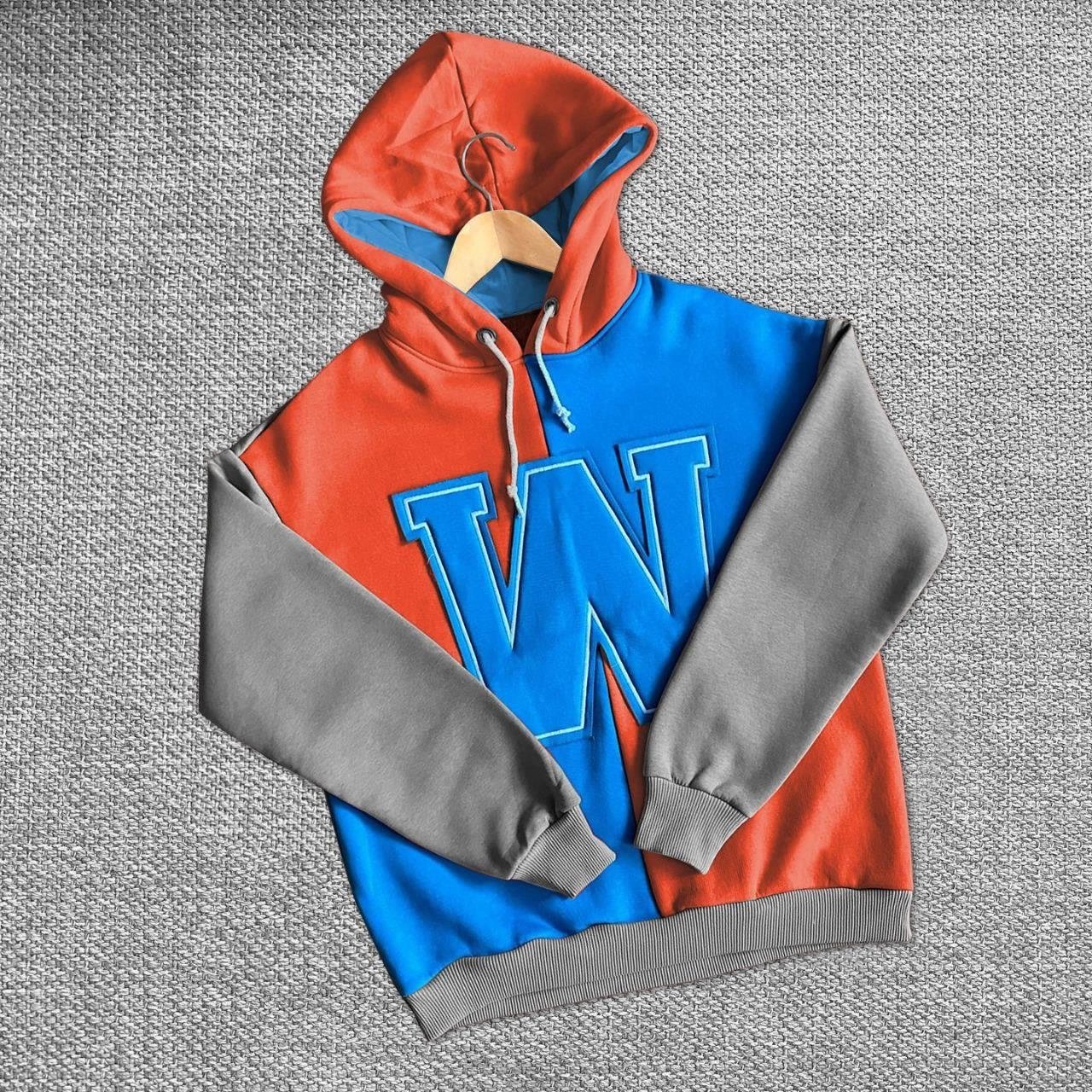 Kadın W Nakış İşlemeli Kapüşonlu 3 iplik pamuklu Parçalı Sweatshirt Hoodie - Mavi