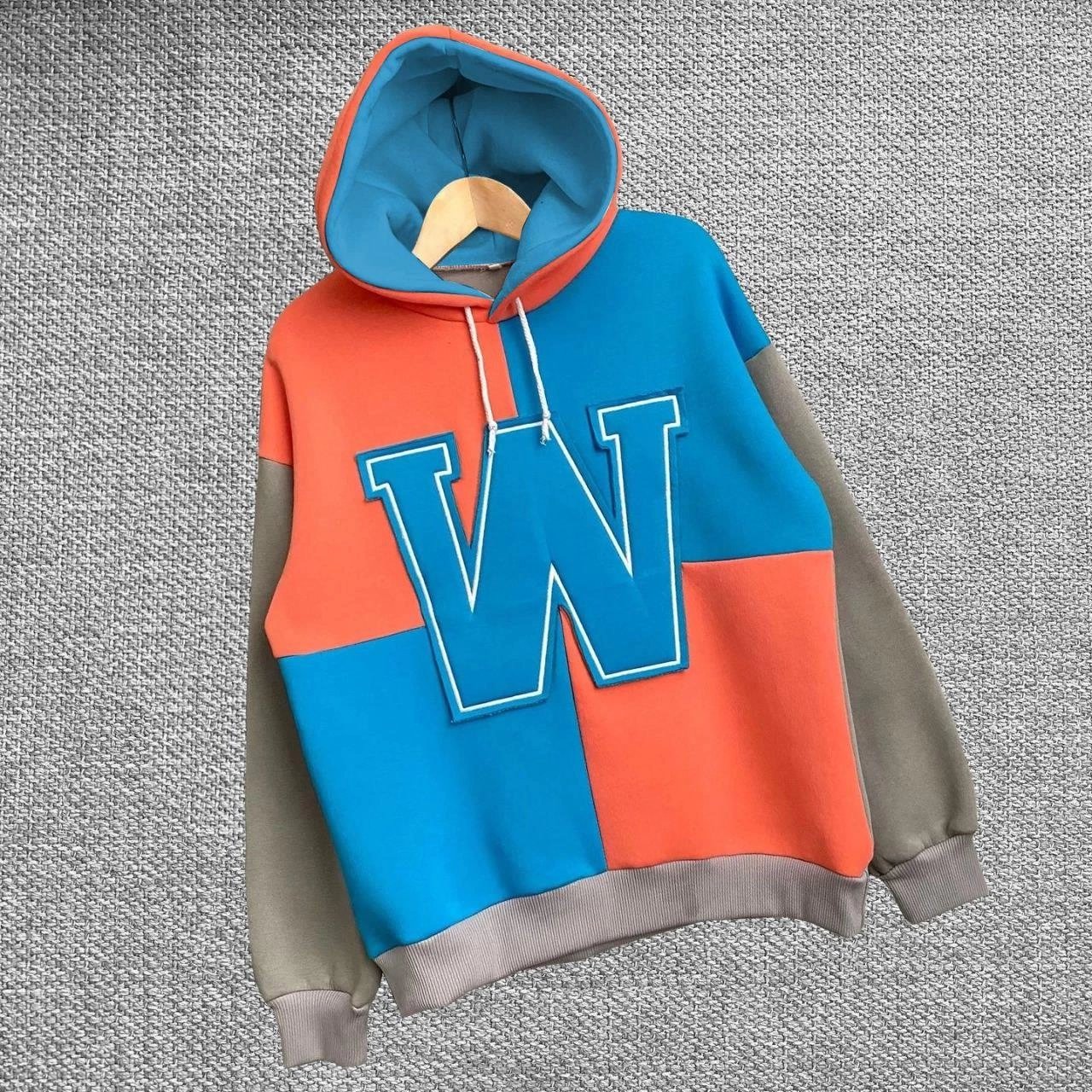 Kadın W Nakış İşlemeli Kapüşonlu 3 iplik pamuklu Parçalı Sweatshirt Hoodie - Mavi