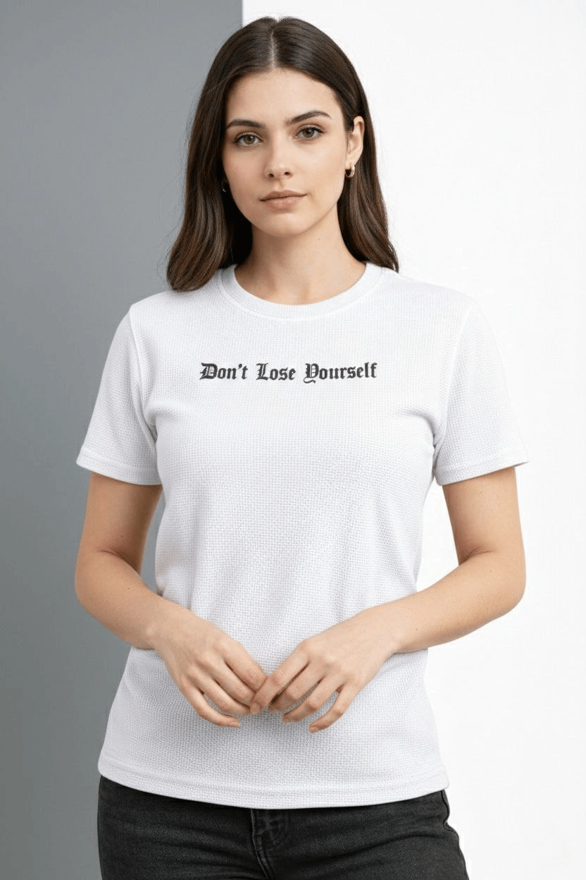 Kadın Wafıl Kumaş Tişört Regular Kalıp Bisiklet Yaka Baskılı T-Shirt - Beyaz
