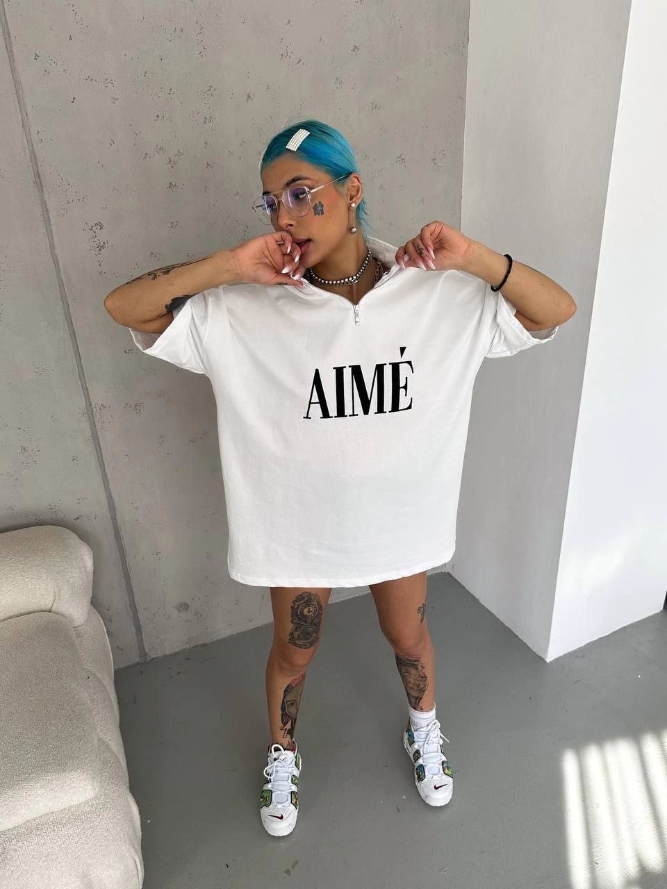 Kadın Yarım Fermuarlı Tişört Kısa kol Baskılı T-Shirt - Beyaz