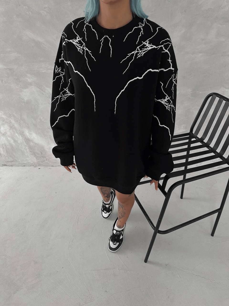 Kadın Yıldırım Baskılı Bisiklet Yaka 3 iplik pamuklu SweatShirt - Siyah