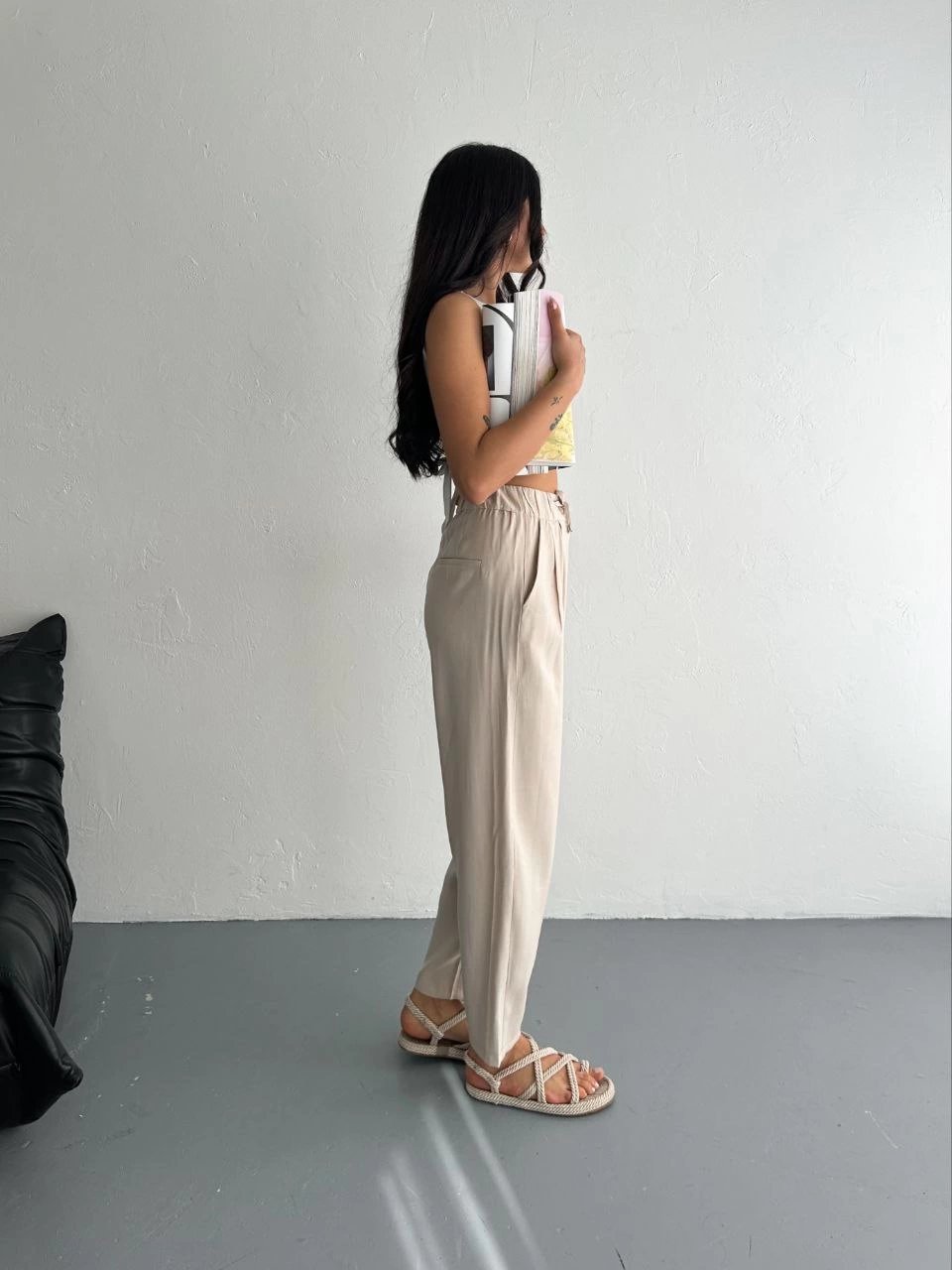Kadın Yüksel Bel Beli Bağcıklı Rahat Boru Paça Pantolon - Kırık Beyaz