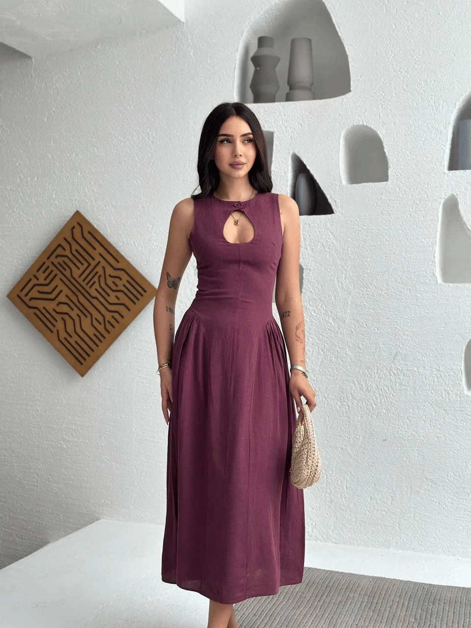 Kolsuz Uzun Kabardin Elbise - Bordo