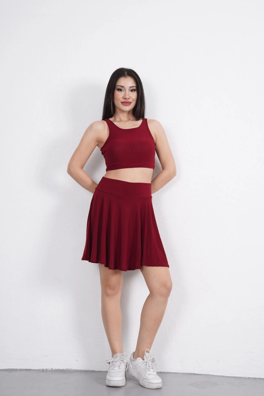 Sendy Kumaş Bisiklet Yaka Crop Şortlu Etek ikili Takım - Bordo