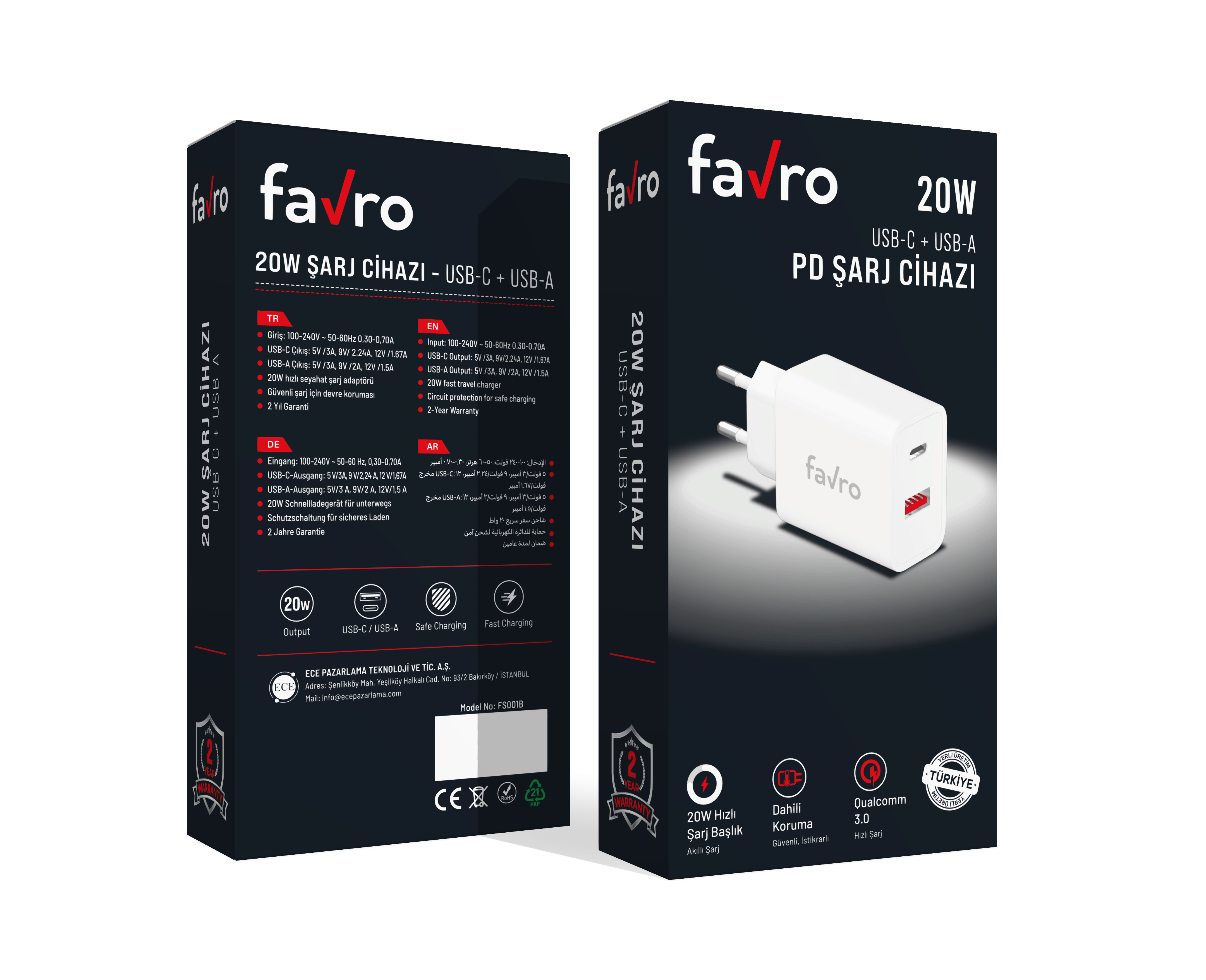 Favro 20W PD Destekli USB-C + USB-A Şarj Cihazı
