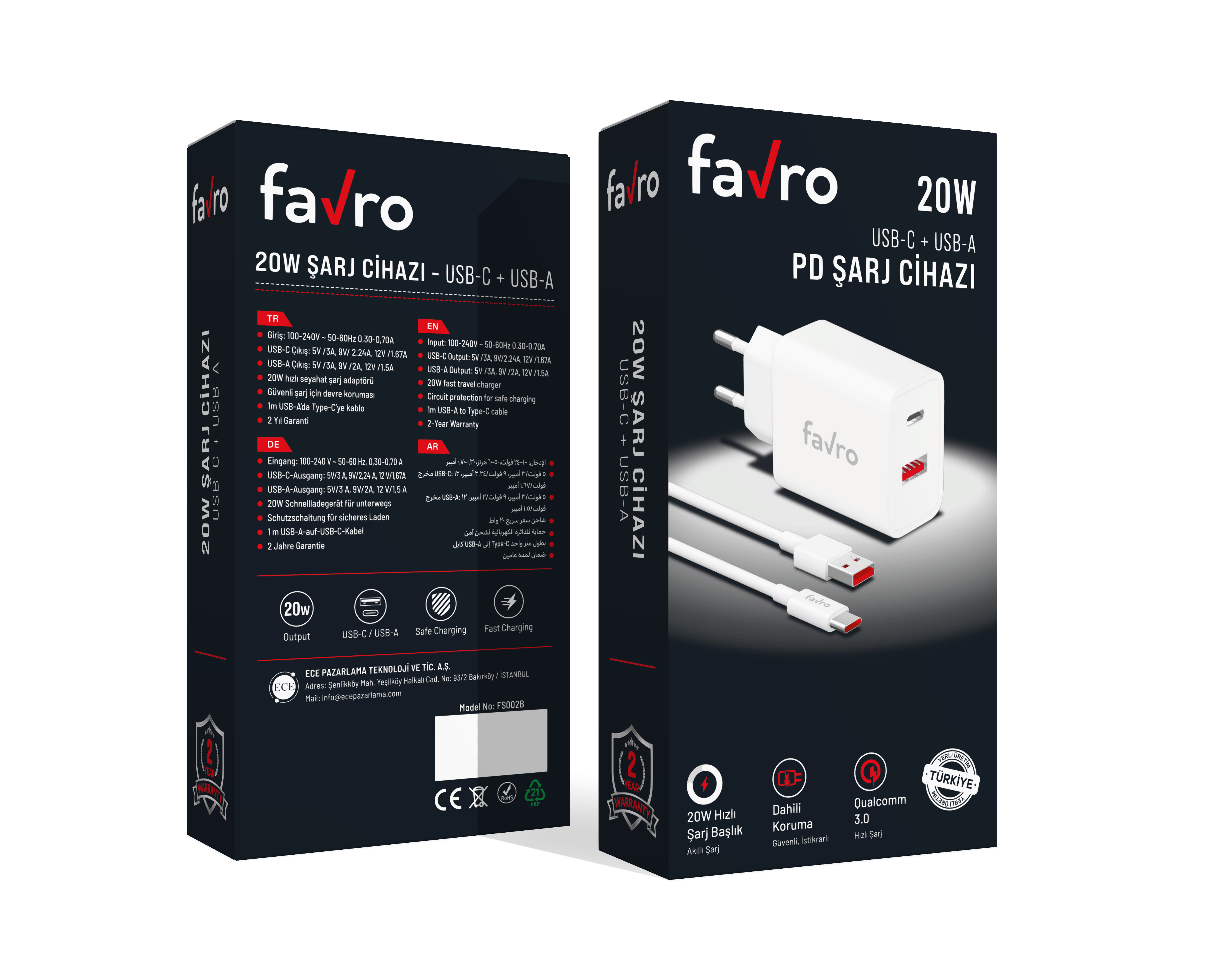 Favro 20W USB-C + USB-A PD Hızlı Şarj Adaptörü + USB-A to Type-C Şarj Kablosu