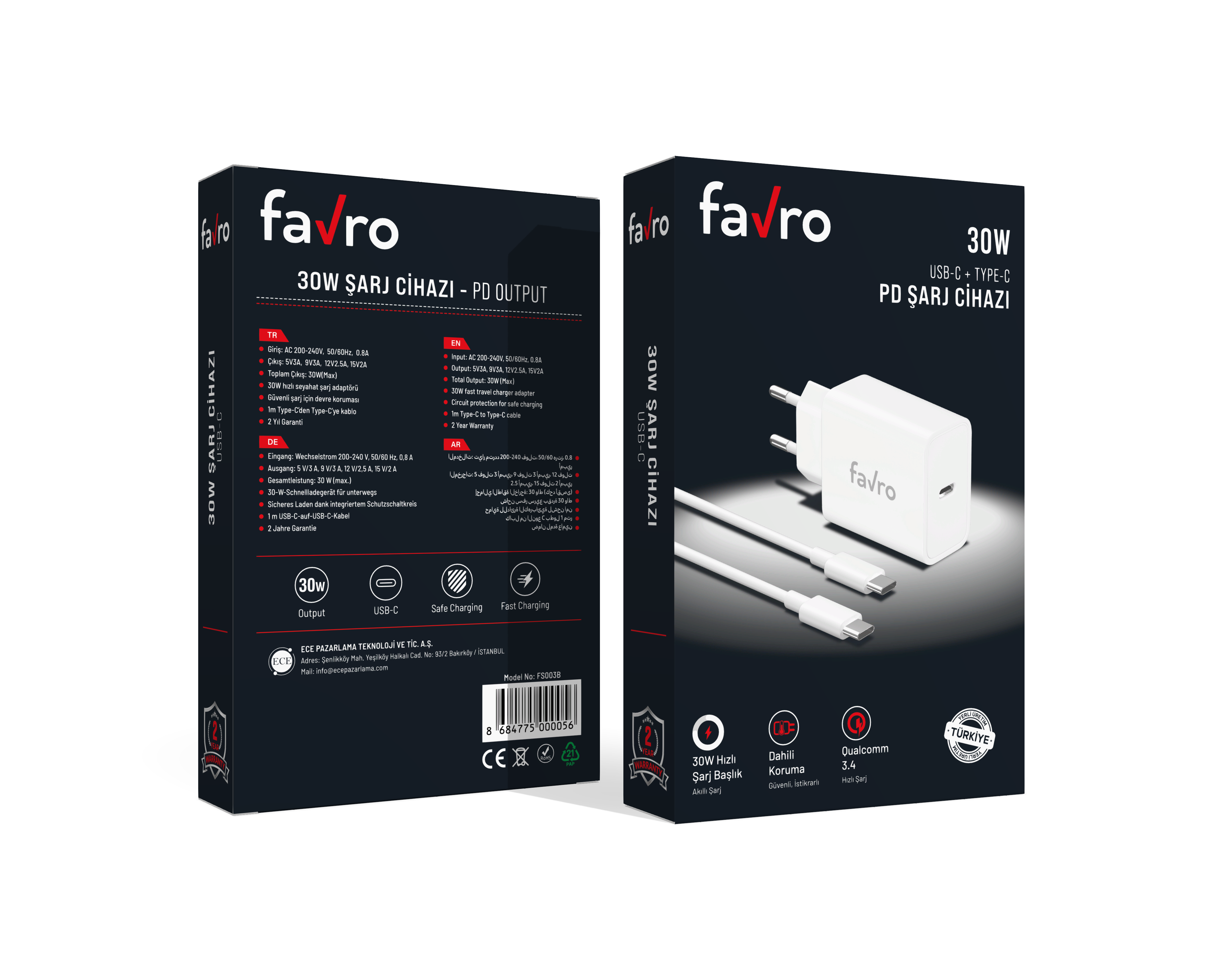 Favro 30W PD USB-C Hızlı Şarj Adaptörü + Type-C Şarj Kablosu