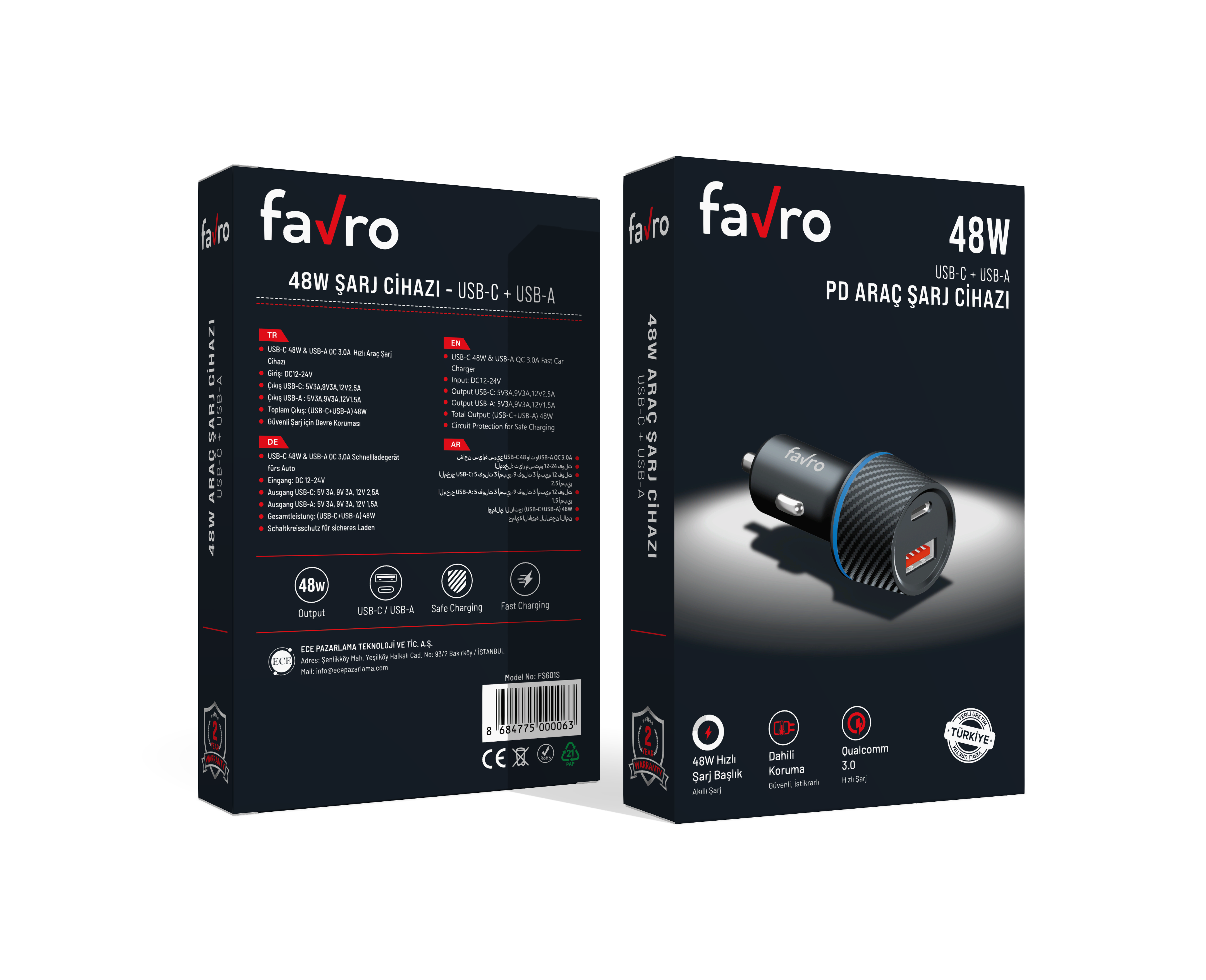 Favro 48W PD Destekli USB-C & USB-A Araç Şarj Cihazı