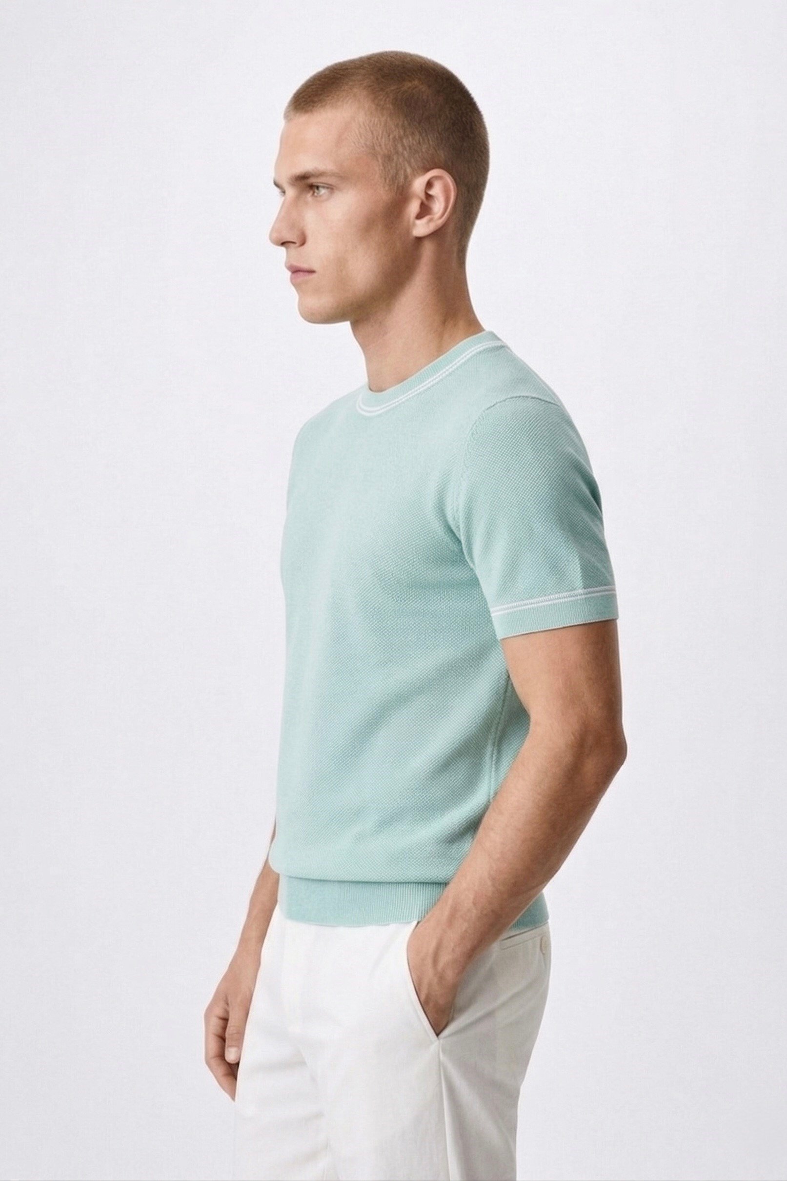 Classic Fit Kısa Kollu Bisiklet Yaka Triko Mint