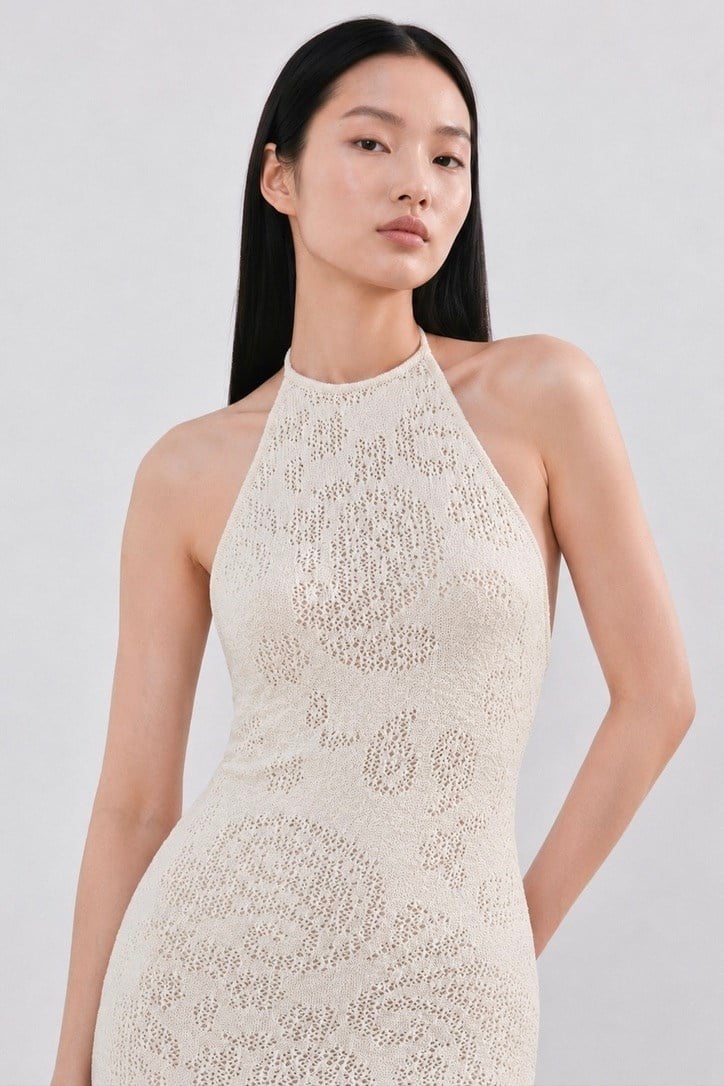 Kroşeta Plaj Triko Elbise Bej